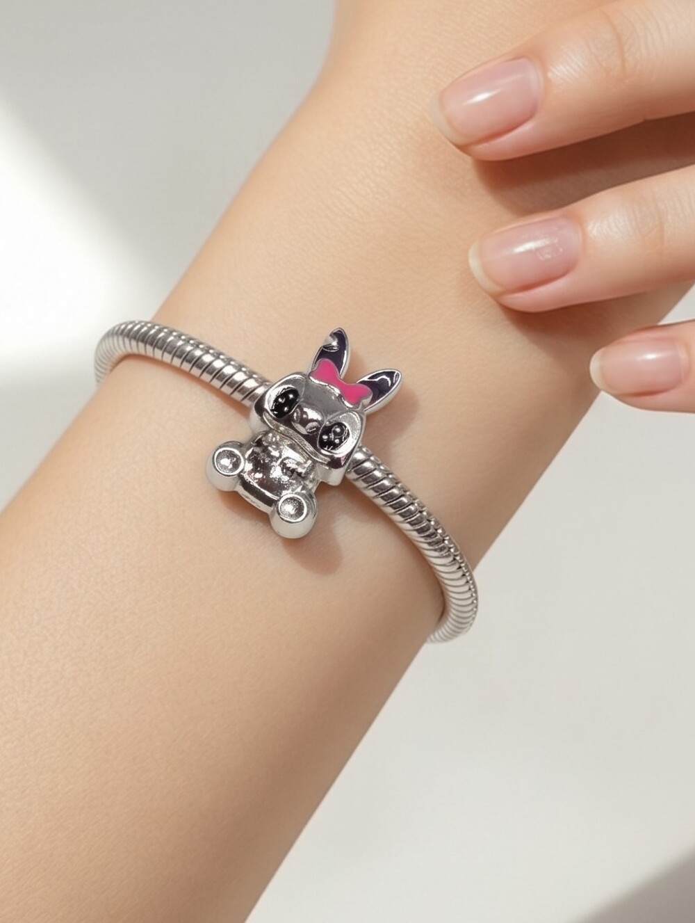 Girl Stitch Charm Bead Lilo & Stitch Pink Bow Silver Enamel Bracelet Compatible